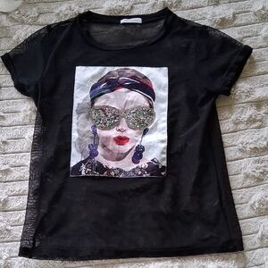 Occasion Black and White Graphic Tee with Rhinestones Crew Neck